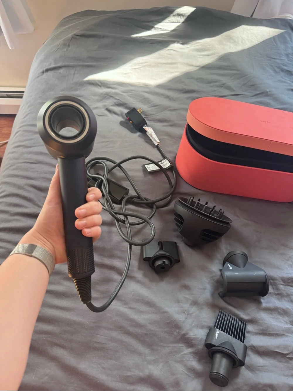 Dyson Supersonic Hair Dryer with Peach Case and Attachments